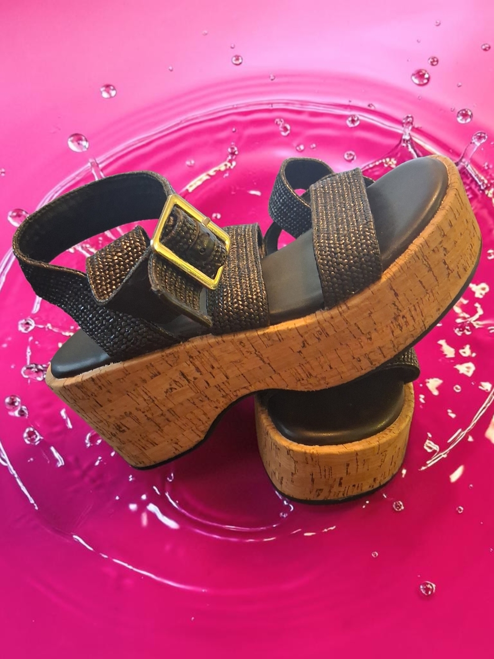 Forever 21 Black Woven Platform Sandals with Gold Buckle Womens Shoe Size 6 Boho